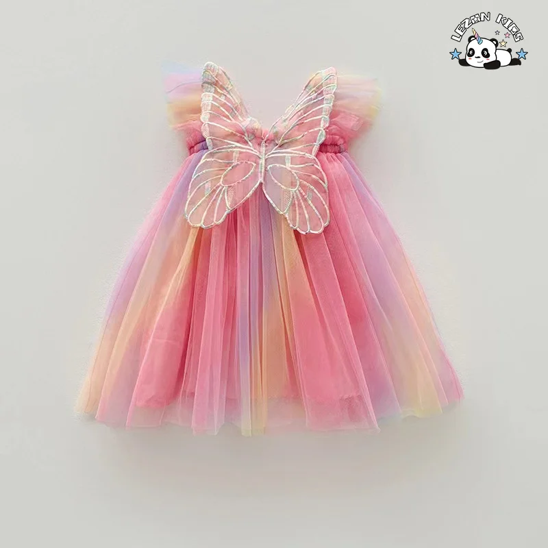 LEZONKIDS - OEM Customizable High Quality rainbow Color Sweet Spaghetti Strap Tulle Kids Dresses for Girls